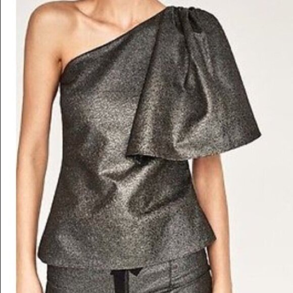 Zara Silver Black Metallic Shimmery Romantic Witchy One Shoulder Top Size S - Picture 1 of 9